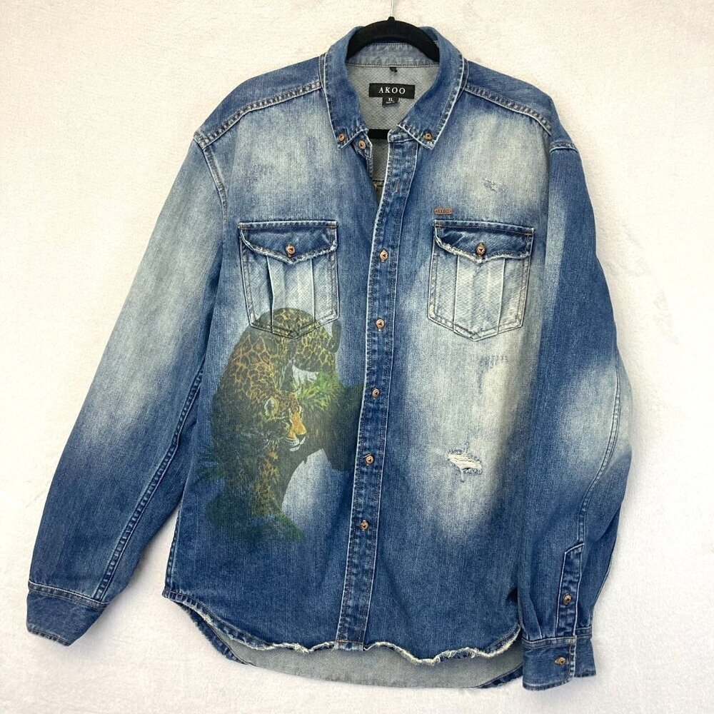 AKOO Denim Button-up Long‎ Sleeve Shirt Jacket Mens XL Distressed Jaguar Leopard